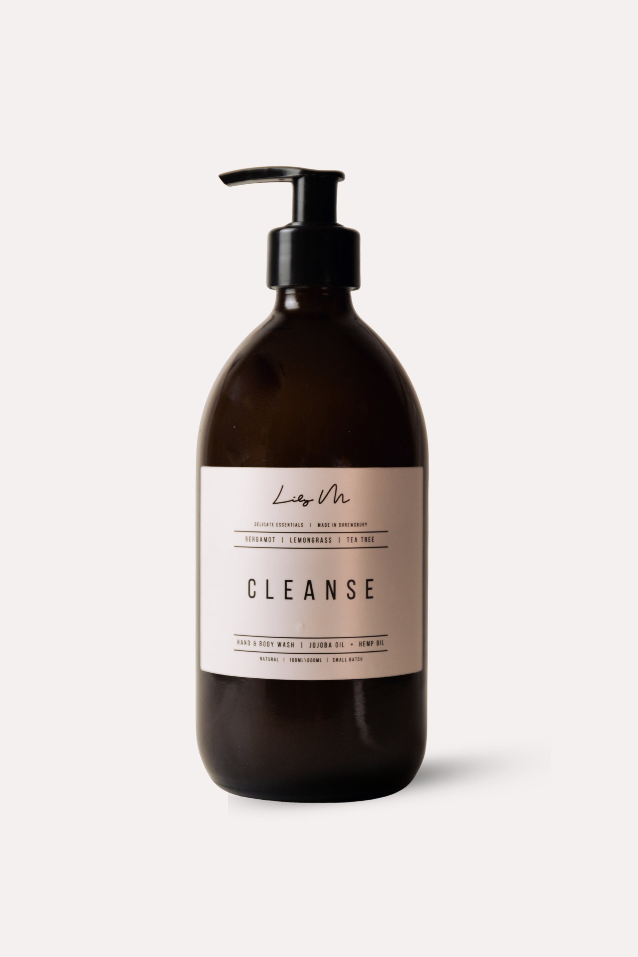 Bottle of 'Cleanse' soap with pump on a white background hand wash