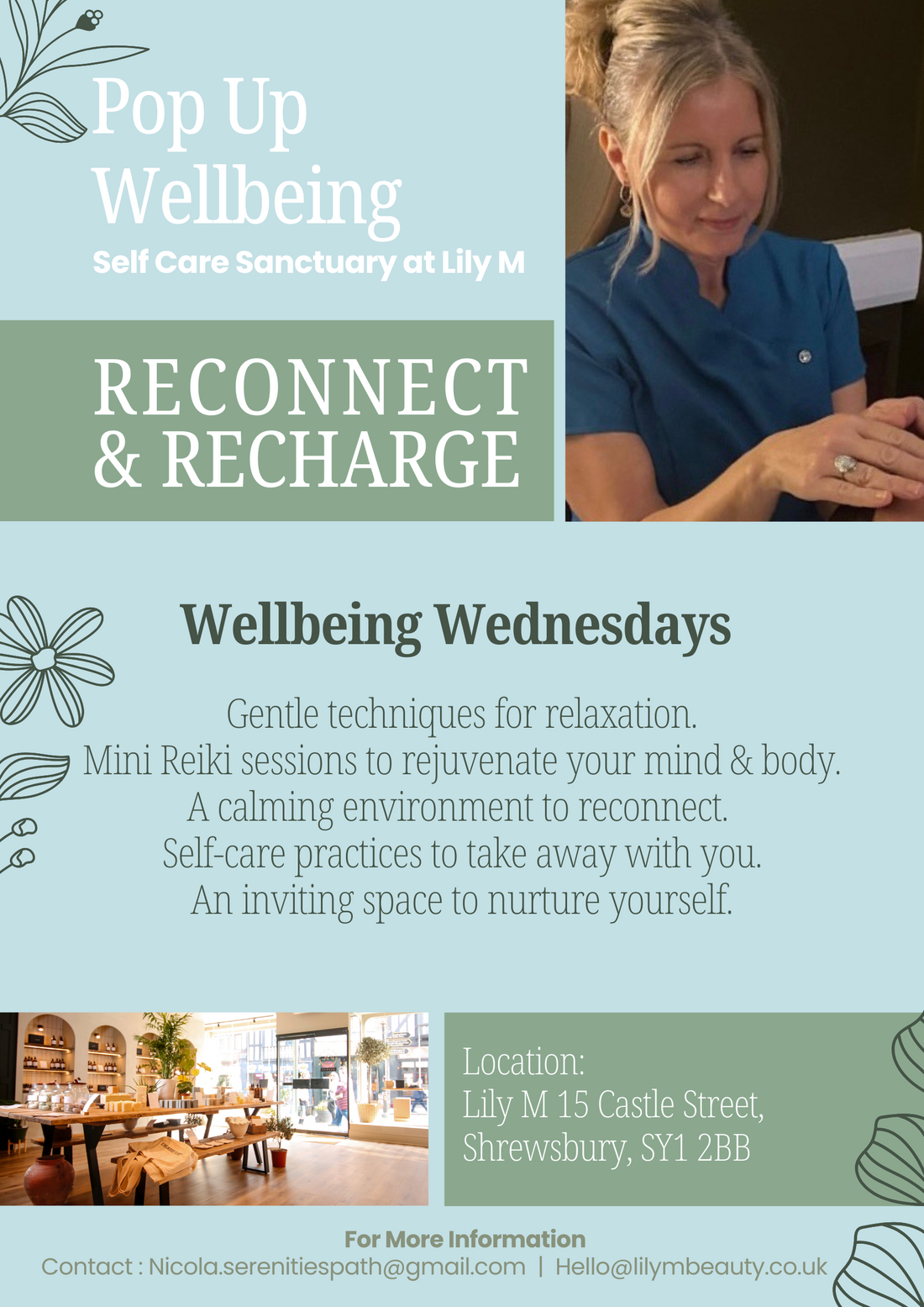 Advertisement for a pop-up wellbeing event at Lily M, featuring text and a photo of a woman.