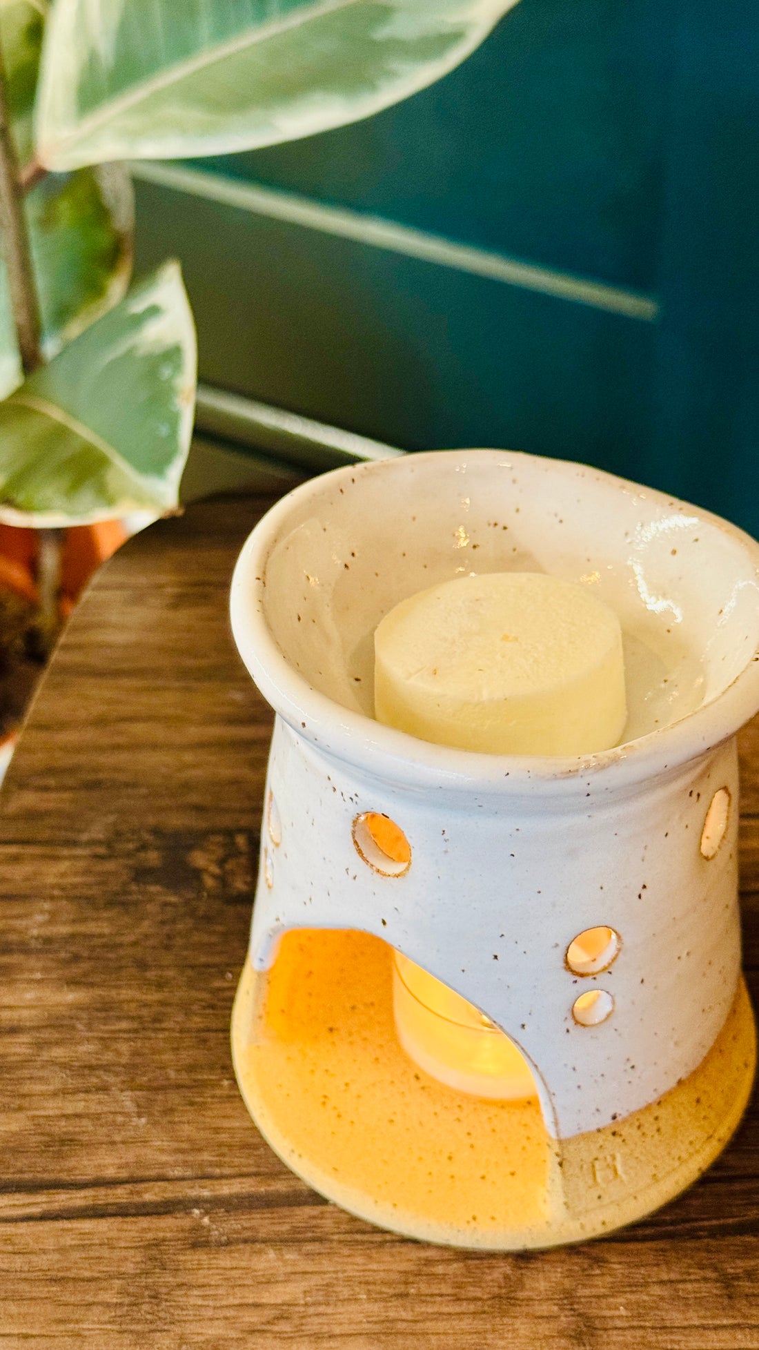 essential oil orange & lime wax melts with a wax melt burner in the background
