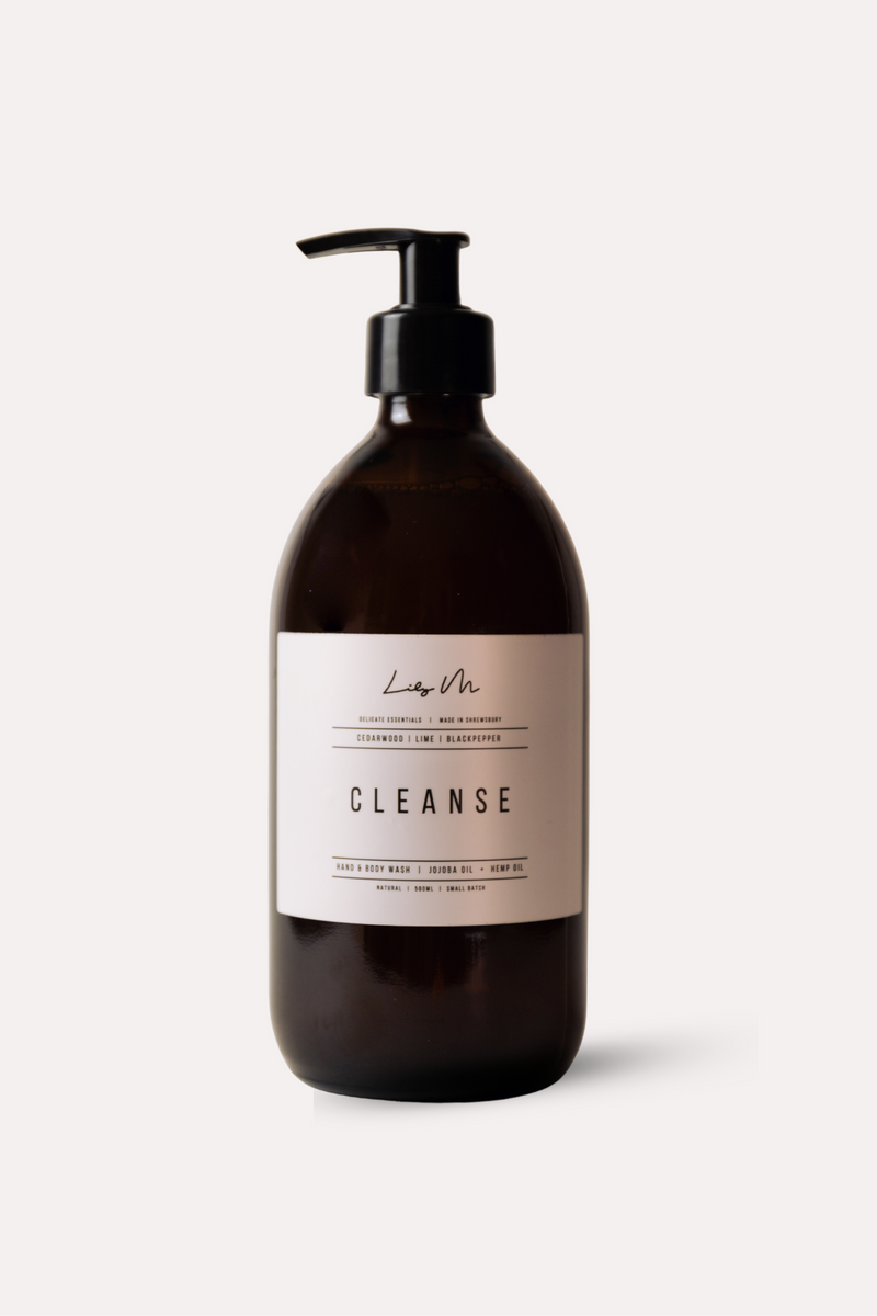 Bottle labeled 'Cleanse' on a white background hand wash