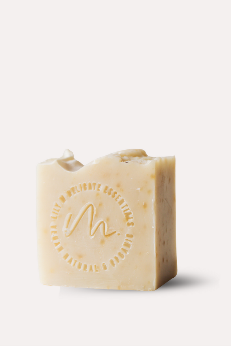 Bar of soap with a brand logo on a white background