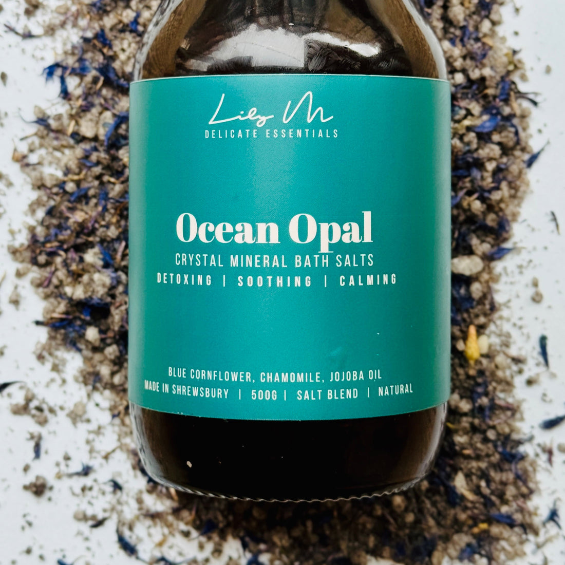 Ocean Opal glass har with salt around it 