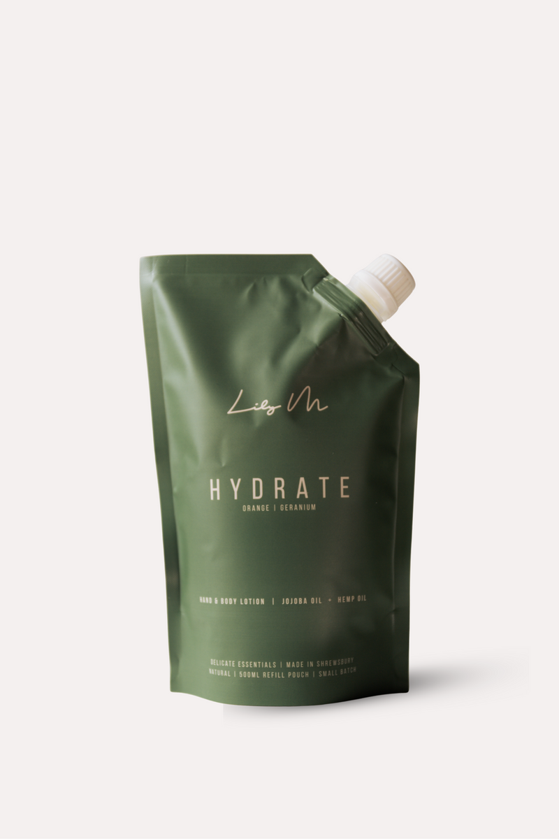Green pouch labeled 'Hydrate' on a white background - refill pouch
