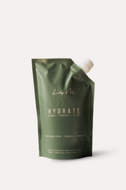 Green refill pouch labeled with 'Hydrate' on a white background