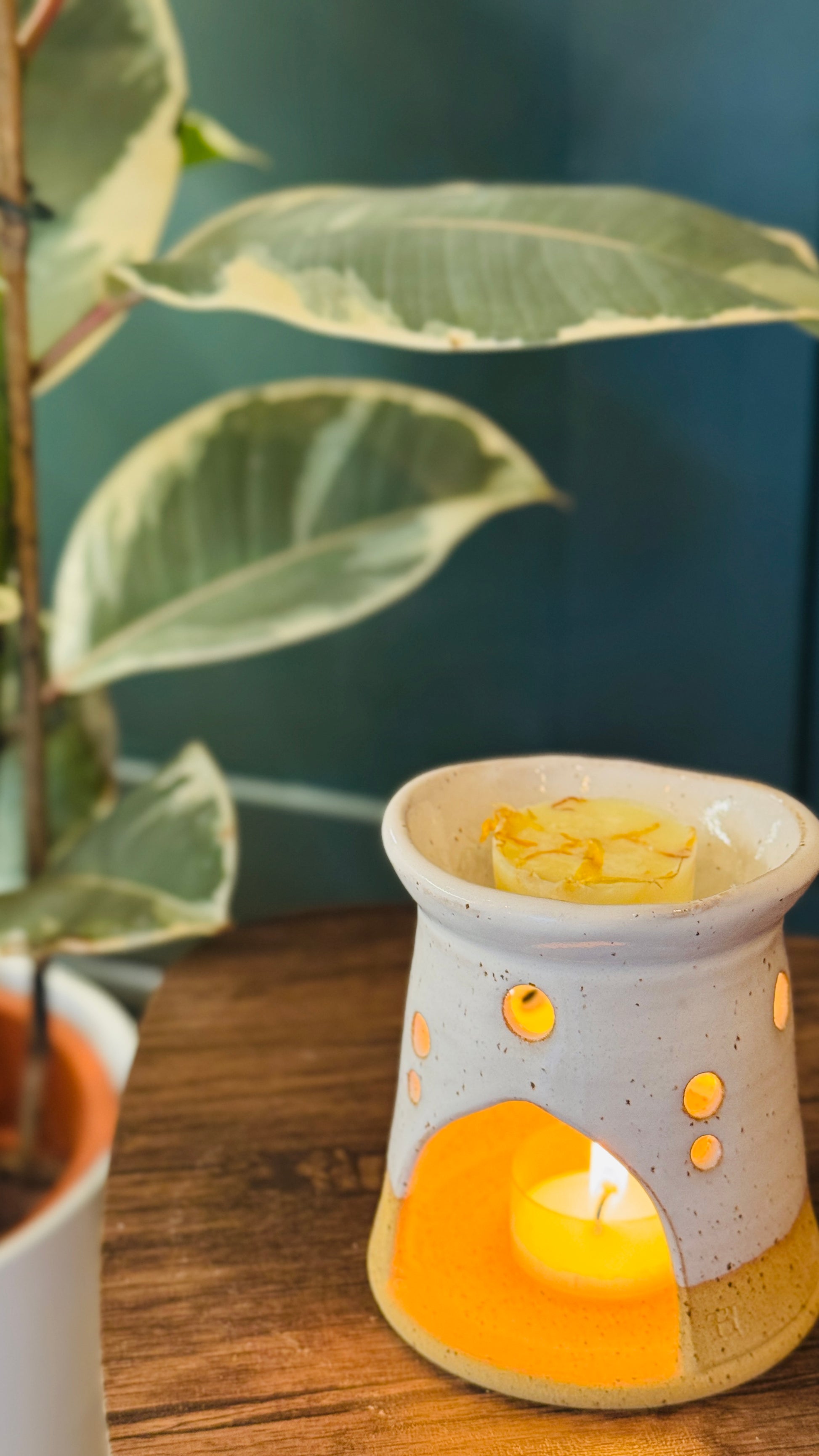 handmade wax melt burner in a white glaze, facing to the front with a wax melt burning  on a wooden table with a plant in the left side of the image - close up 